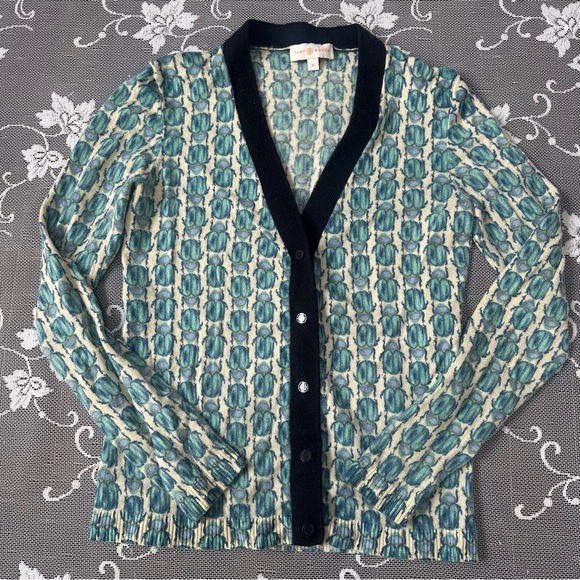 Tory Burch Beetle Scarab Bugs Merino Wool Cardigan Sz Small - Picture 2 of 13